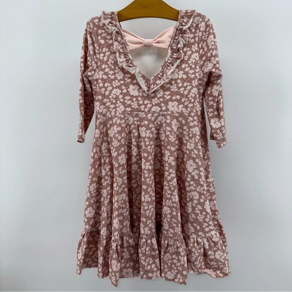 SweetHoney Blush Floral Ruffle Hem Girls Dress with Back Bow